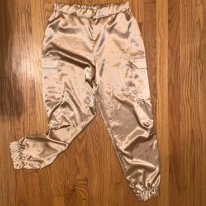MEDIUM shiny satin silk look gold jogger pants